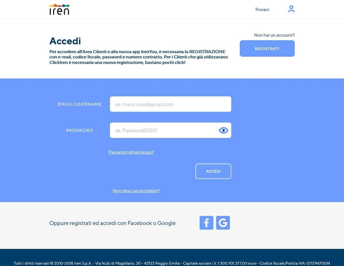 La schermata di login dell'area clienti Iren Acqua, utilizzabile anche dagli utenti Ireti.